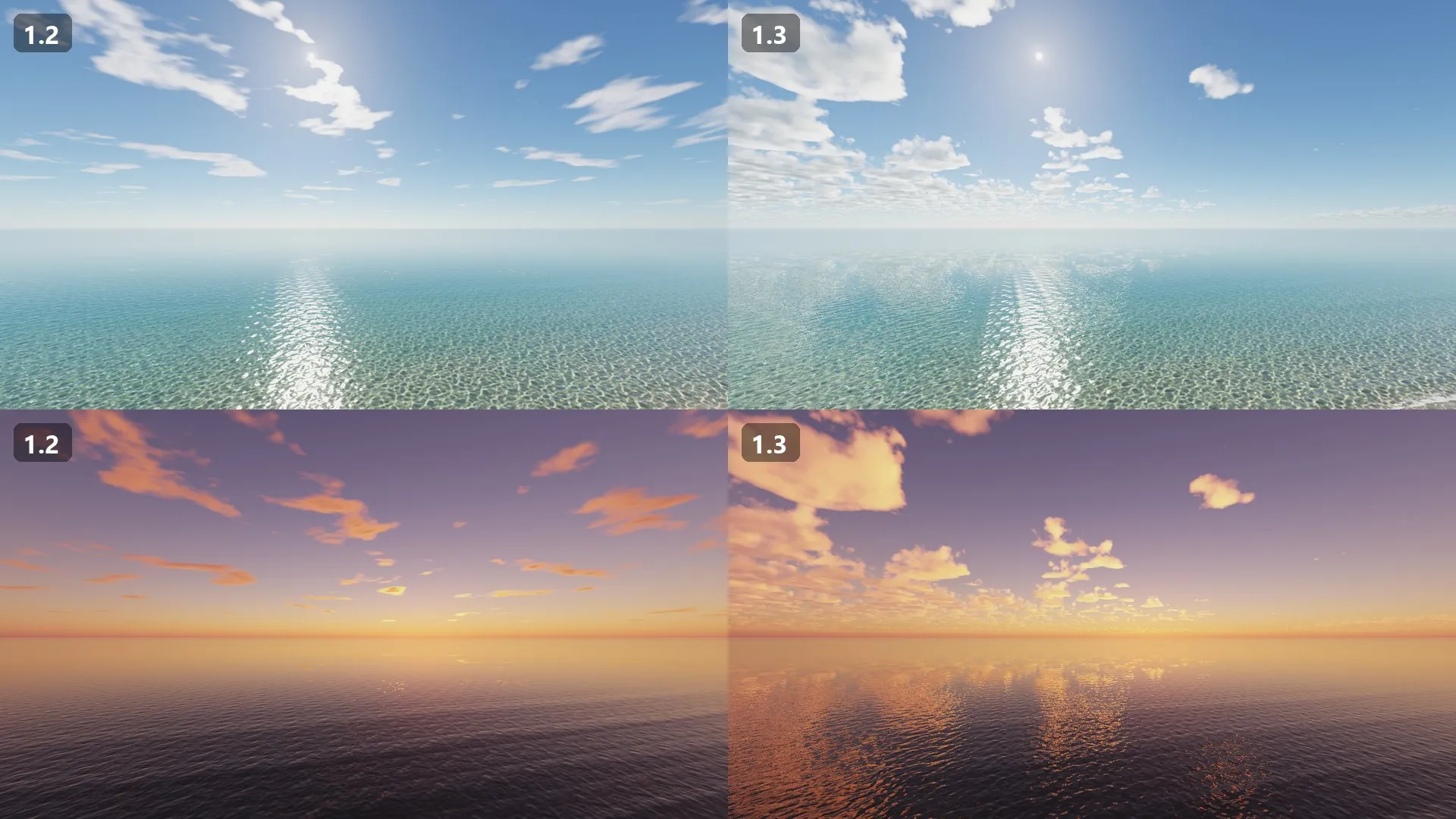 1.2までの雲(左)と1.3の雲(右)。上は午後16:30、下は日没後19:18の海の上