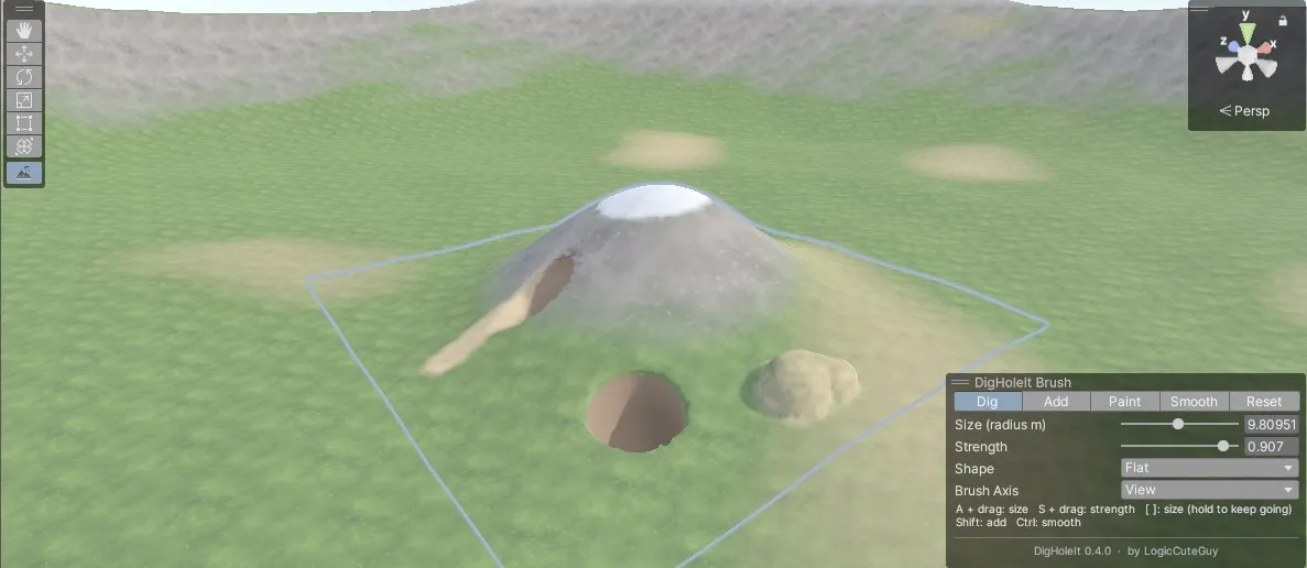 The Dig Sculpt tool and the DigHoleIt Brush overlay in the Scene view
